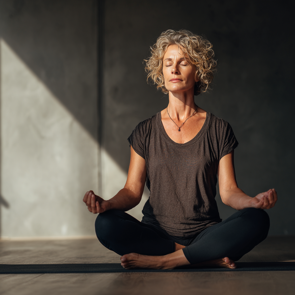Peaceful middle-aged woman practicing yoga meditation in lotus position